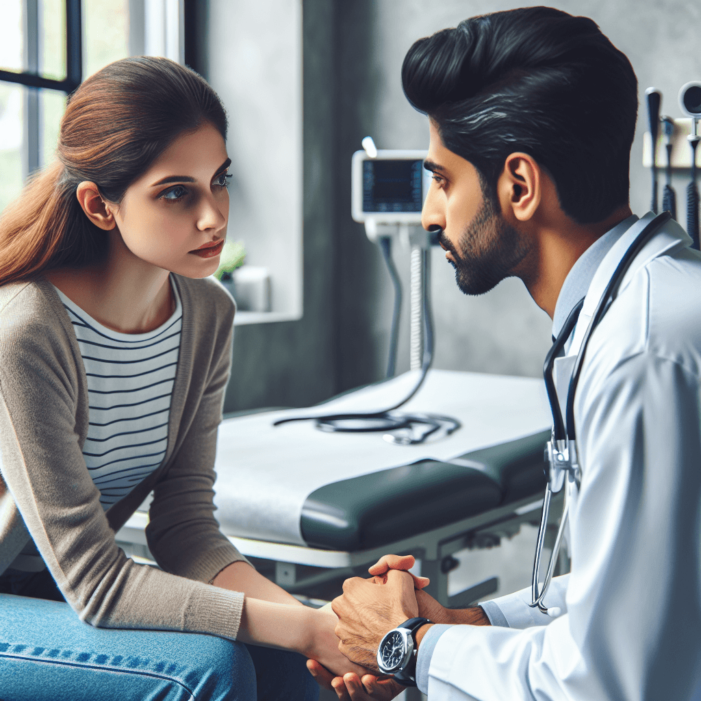 a doctor holds a woman 's hand while talking to her