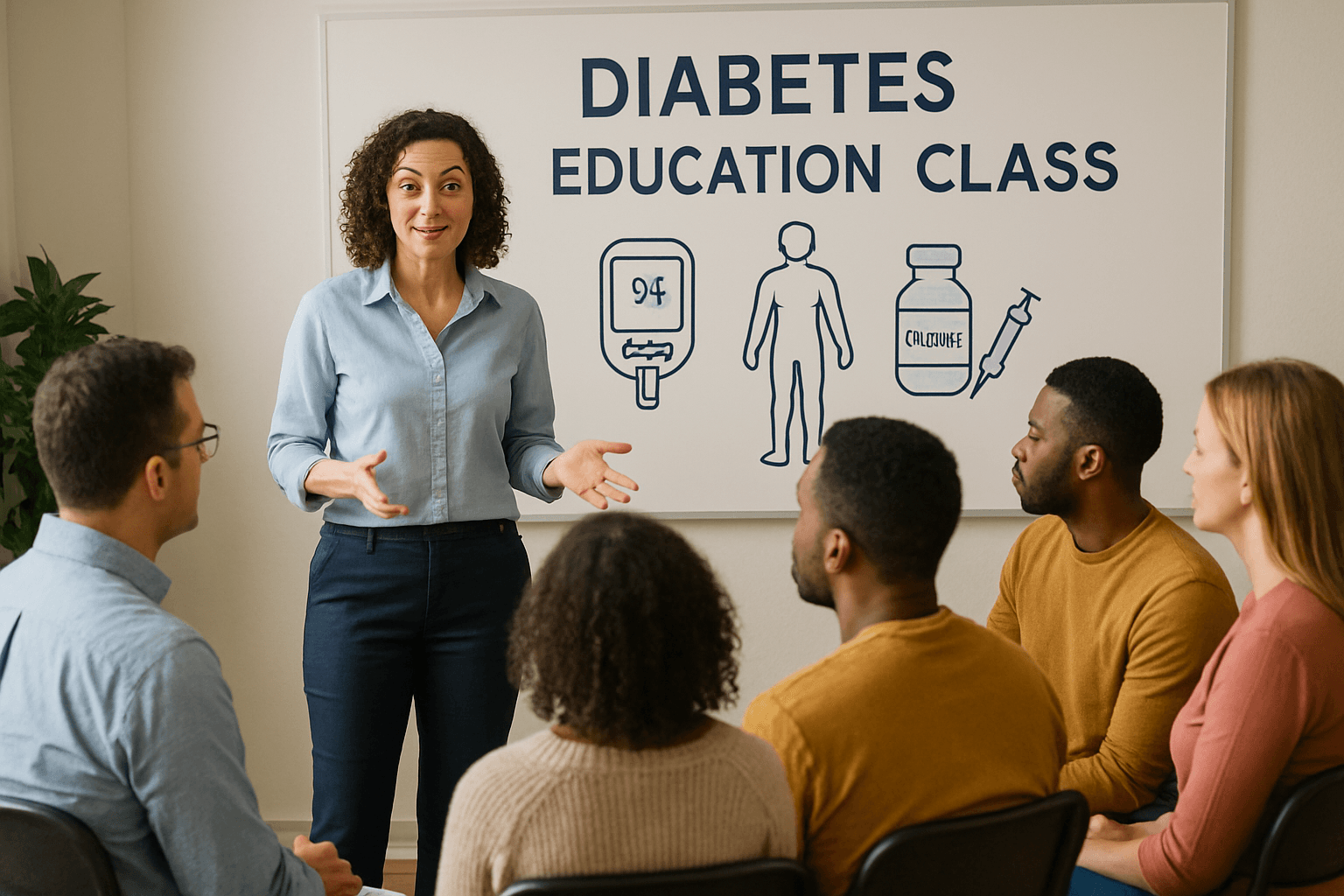 a group of people are sitting in front of a white board that says diabetes education class