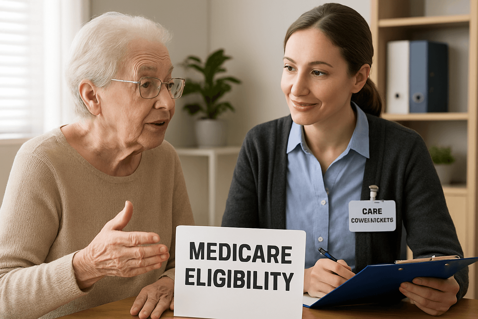a woman talking to an elderly woman while holding a sign that says medicare eligibility