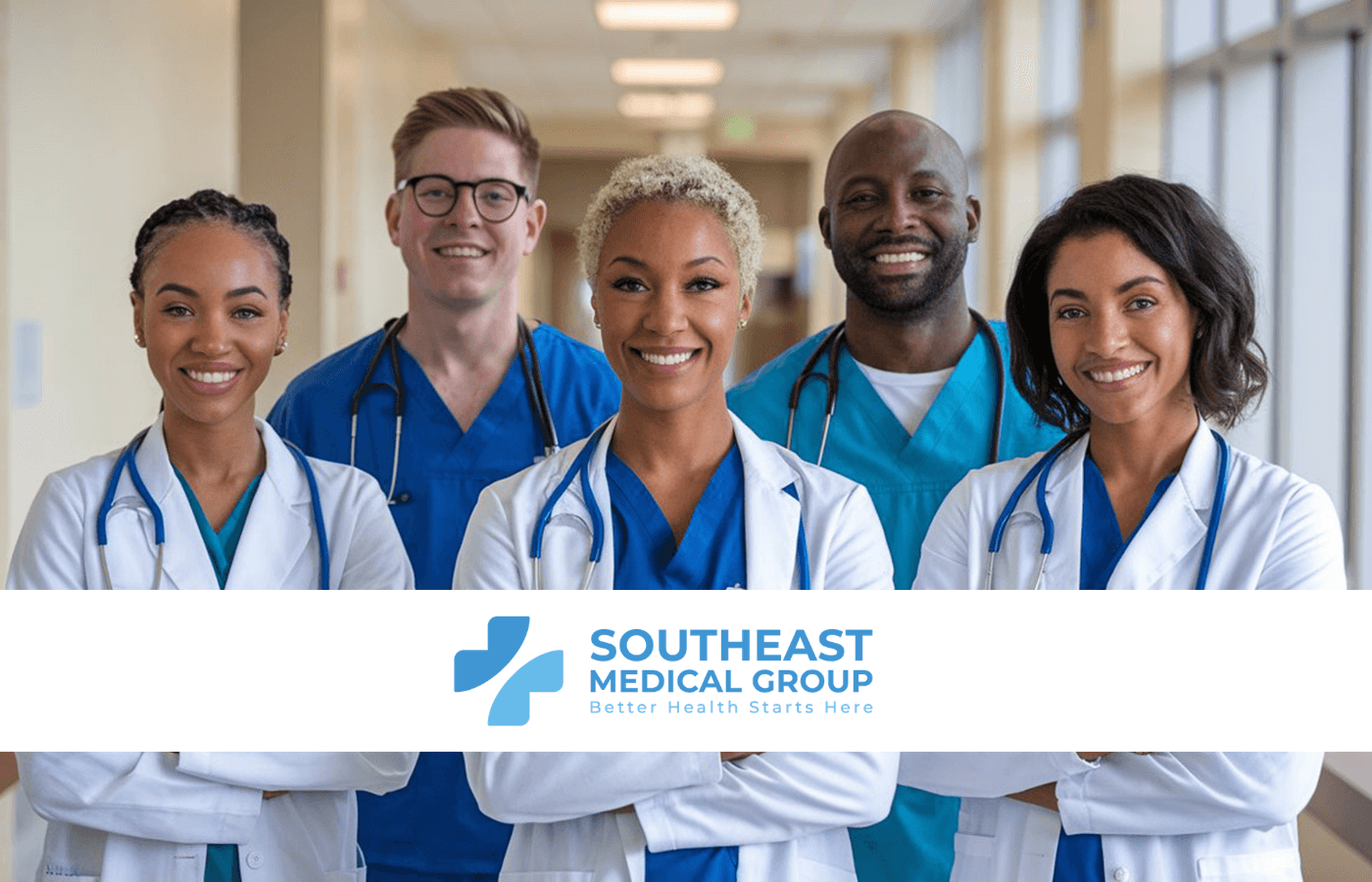 Five smiling diverse medical professionals in a hospital hallway, with the Southeast Medical Group logo.