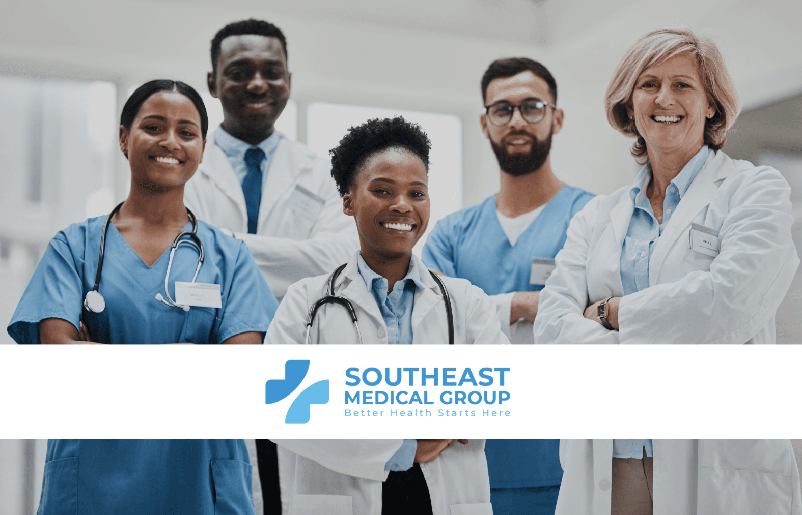 A diverse group of five smiling medical professionals with the Southeast Medical Group logo