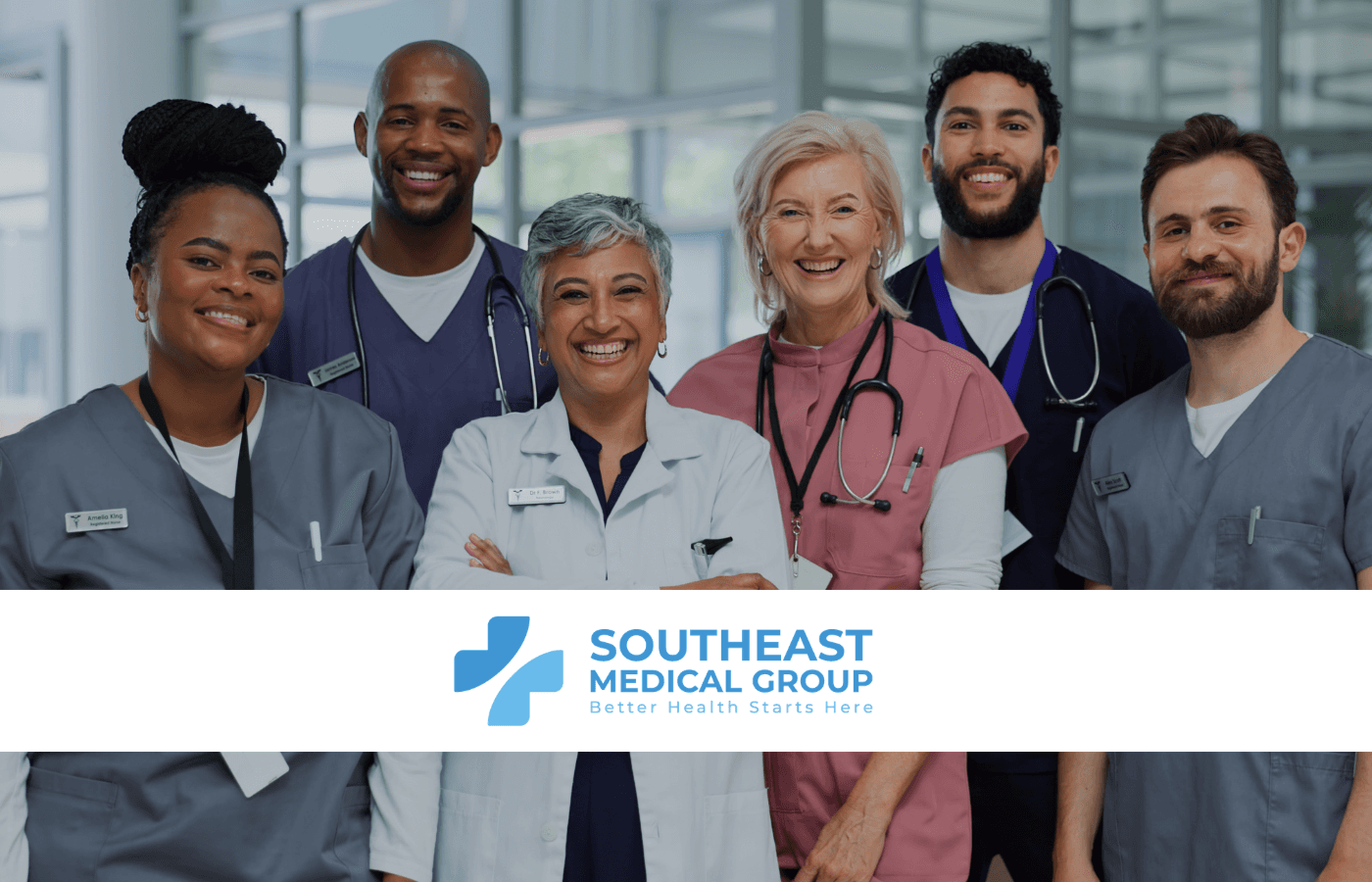 Six diverse healthcare professionals smiling, with the Southeast Medical Group logo below.