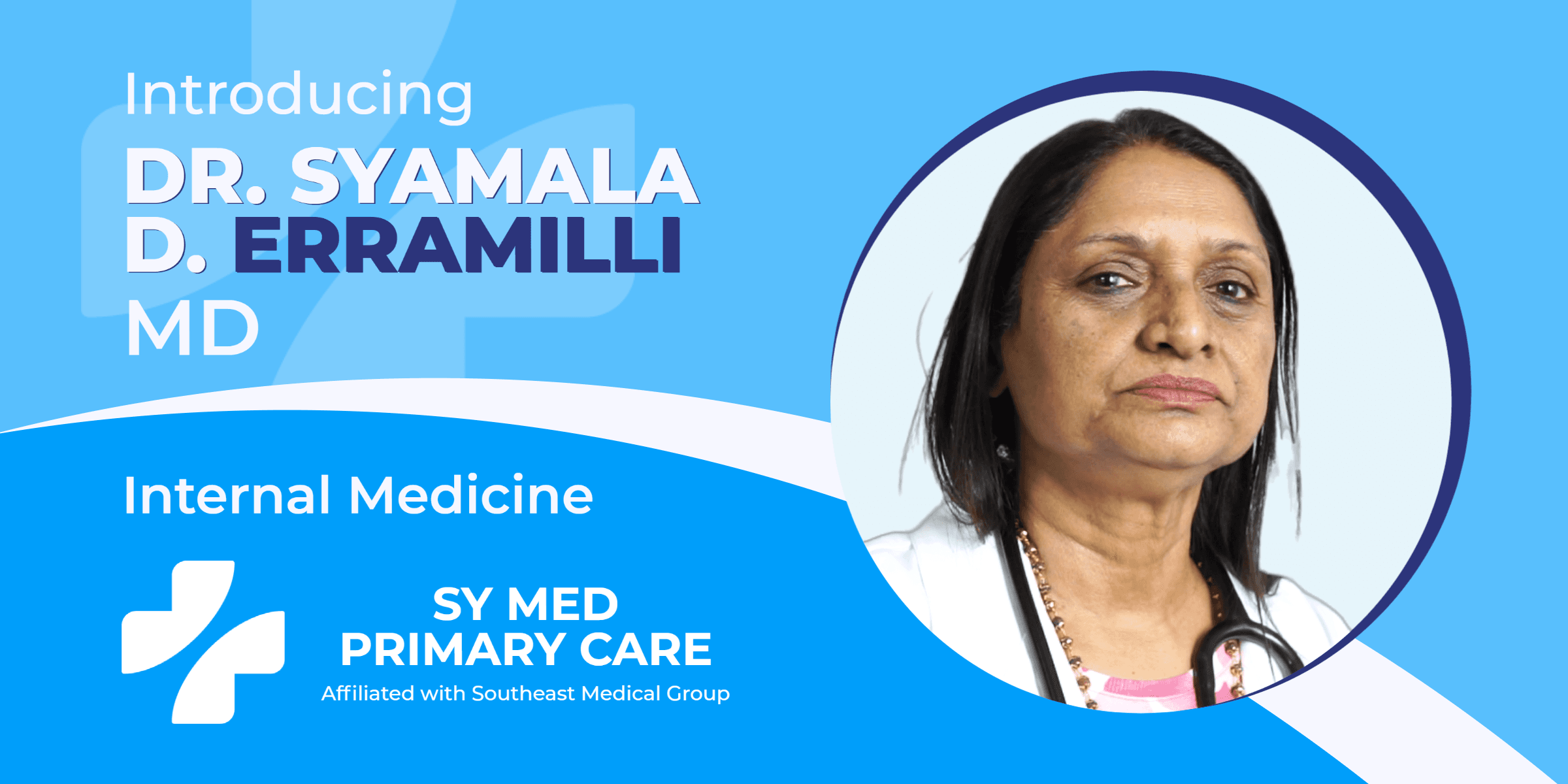 an advertisement for sy med primary care shows a woman with a stethoscope around her neck