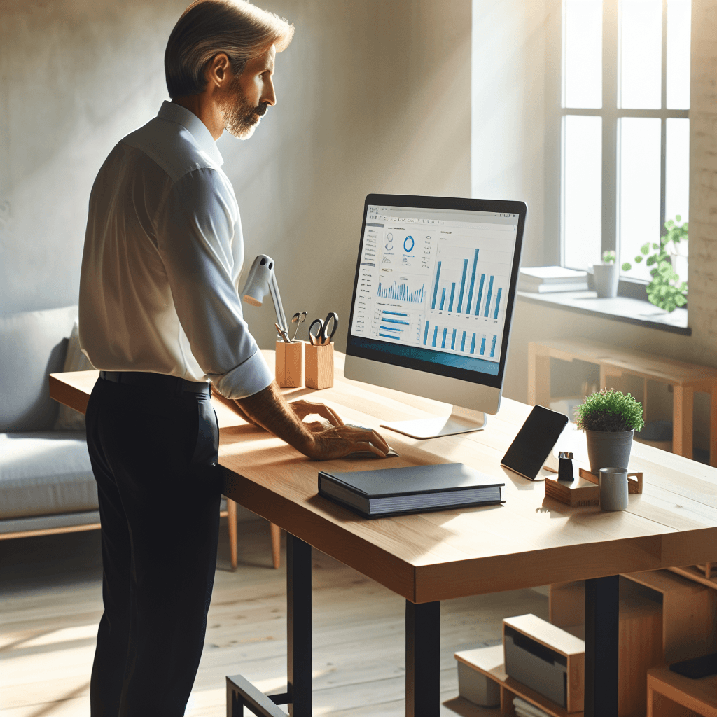An office worker standing at an adjustable desk to reduce sitting time
